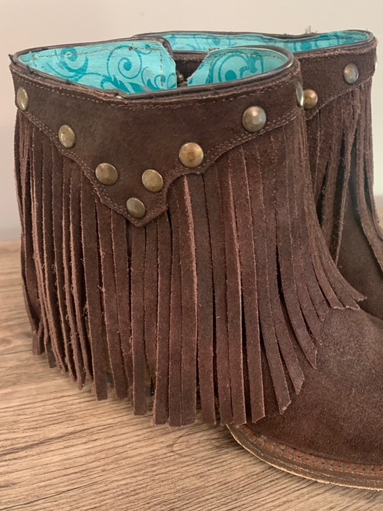 Corral Fringe Brown Leather Booties Studded Side Zip Ankle Boots 7 M - Picture 6 of 14